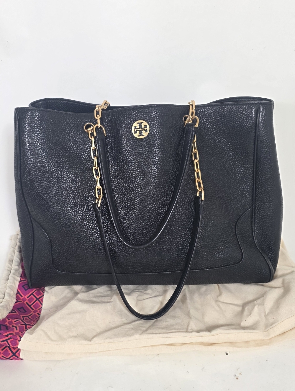 Tory Burch Georgia Black Leather Pebble Tote Bag Purse